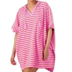Ambernoon II Orchid Striped French Terry Hooded Oversized Swim Cover Up LARGE